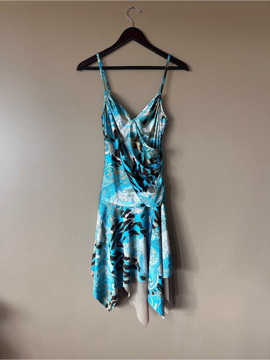 Vintage Dresses & Skirts - Vintage Turquoise Paisley Asymmetrical Slip Dress
